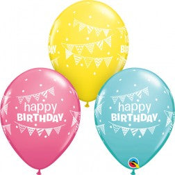 Helium inflated 11” Balloon - Birthday pennants & dots