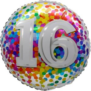 Standard age 16 rainbow confetti foil balloon