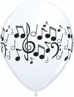 Helium inflated 11” latex balloon - musical notes