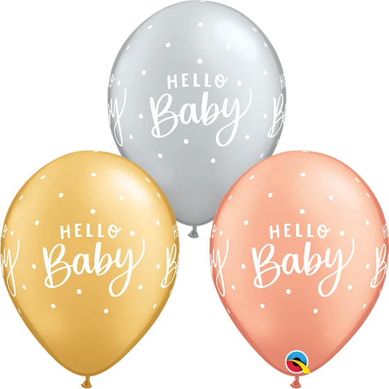 Helium inflated 11” latex balloon - hello baby dots (choice of 3 colours)