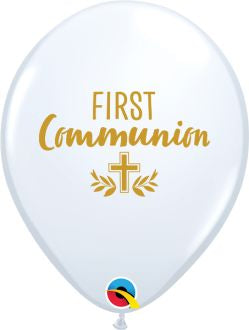 Helium inflated 11” latex balloon - First communion cross