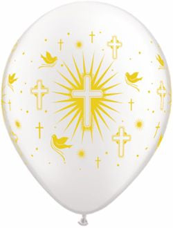 Helium inflated 11” balloon - Religious cross and doves gold