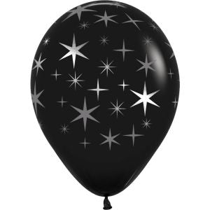 Helium inflated 11” latex balloon - Black and white contempo stars