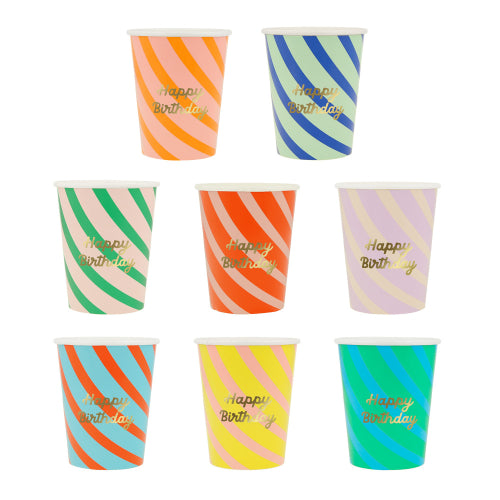 Stripe happy birthday cups