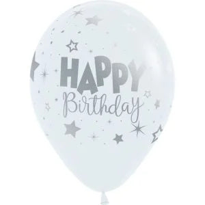 Helium inflated 11” balloon - Happy birthday white stars