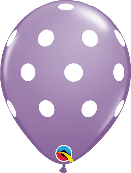 Helium inflated 11” latex balloon - lilac polka dot