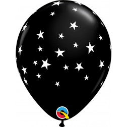 Helium inflated 11” latex balloon - Black and white contempo stars