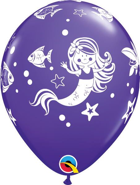 Helium inflated 11” latex balloon - Merry mermaid and friends
