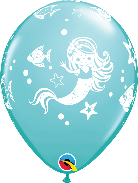 Helium inflated 11” latex balloon - Merry mermaid and friends