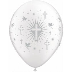 Helium inflated 11” latex - Religious cross and doves silver
