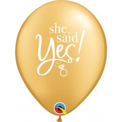 Helium inflated 11” balloon - She said yes! - gold