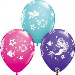 Helium inflated 11” latex balloon - Merry mermaid and friends