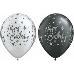 Helium inflated 11” latex - Happy birthday sparkles and swirls