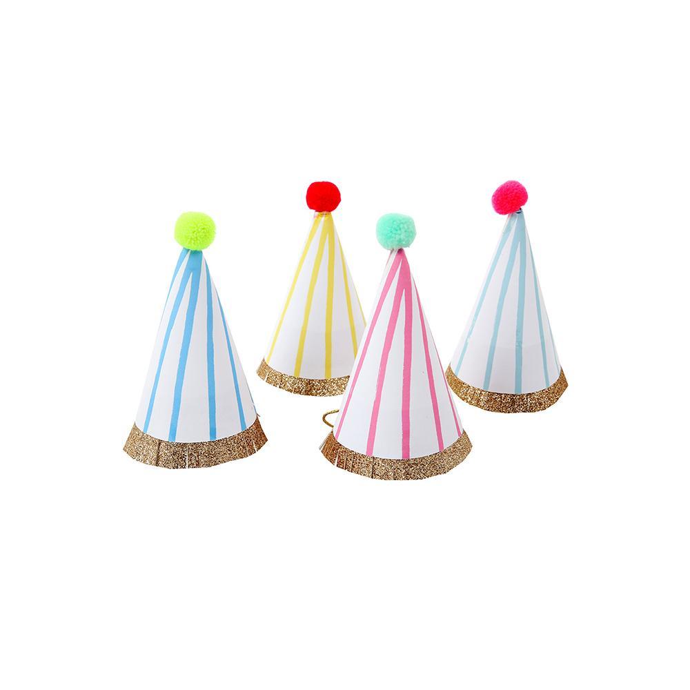 Mini neon stripe Pom Pom party hats - Meri Meri