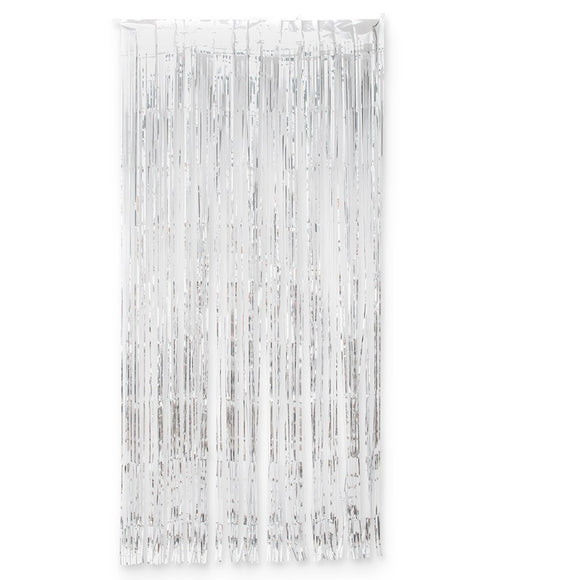 Metallic silver foil fringe curtain