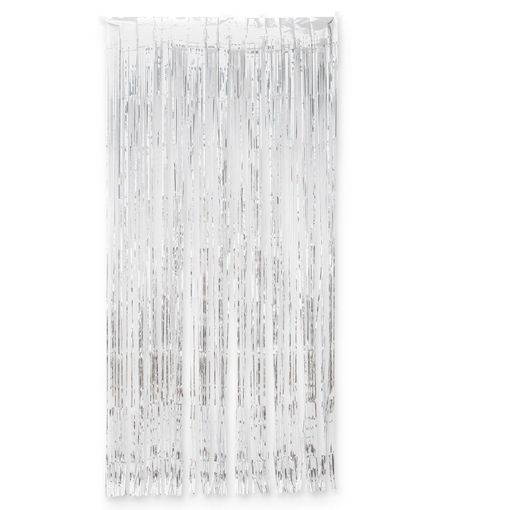 Metallic silver foil fringe curtain