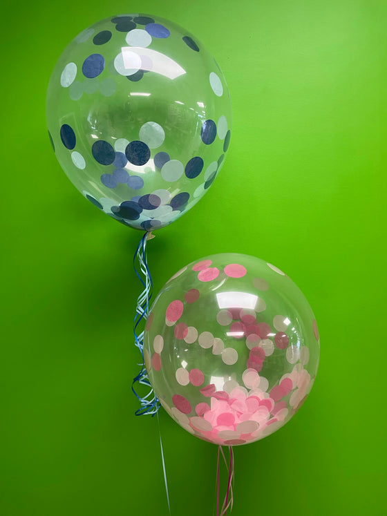 Helium inflated 2 x 18 inch confetti balloons with jumbo pink or blue confetti - PAPER CONFETTI BALLOONS ARE A SAME DAY BALLOON