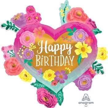 Supershape foil balloon - Happy birthday painted flowers