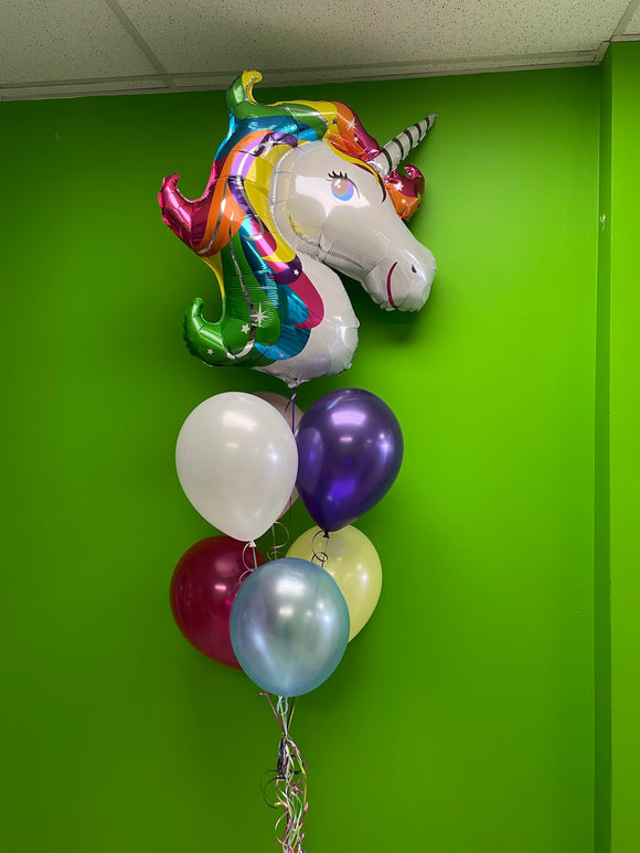 Rainbow unicorn supershape balloon bouquet