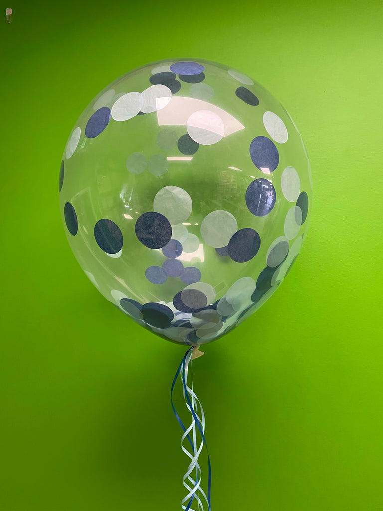 Helium inflated 2 x 18 inch confetti balloons with jumbo pink or blue confetti - PAPER CONFETTI BALLOONS ARE A SAME DAY BALLOON