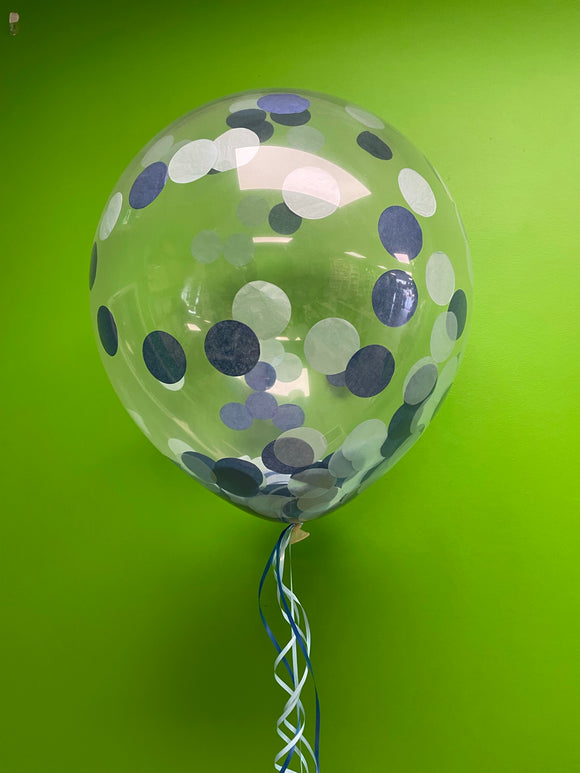 Helium inflated 2 x 18 inch confetti balloons with jumbo pink or blue confetti - PAPER CONFETTI BALLOONS ARE A SAME DAY BALLOON