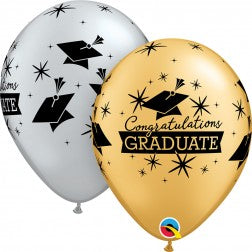 Helium inflated 11” latex balloon - congratulations graduate - gold or silver