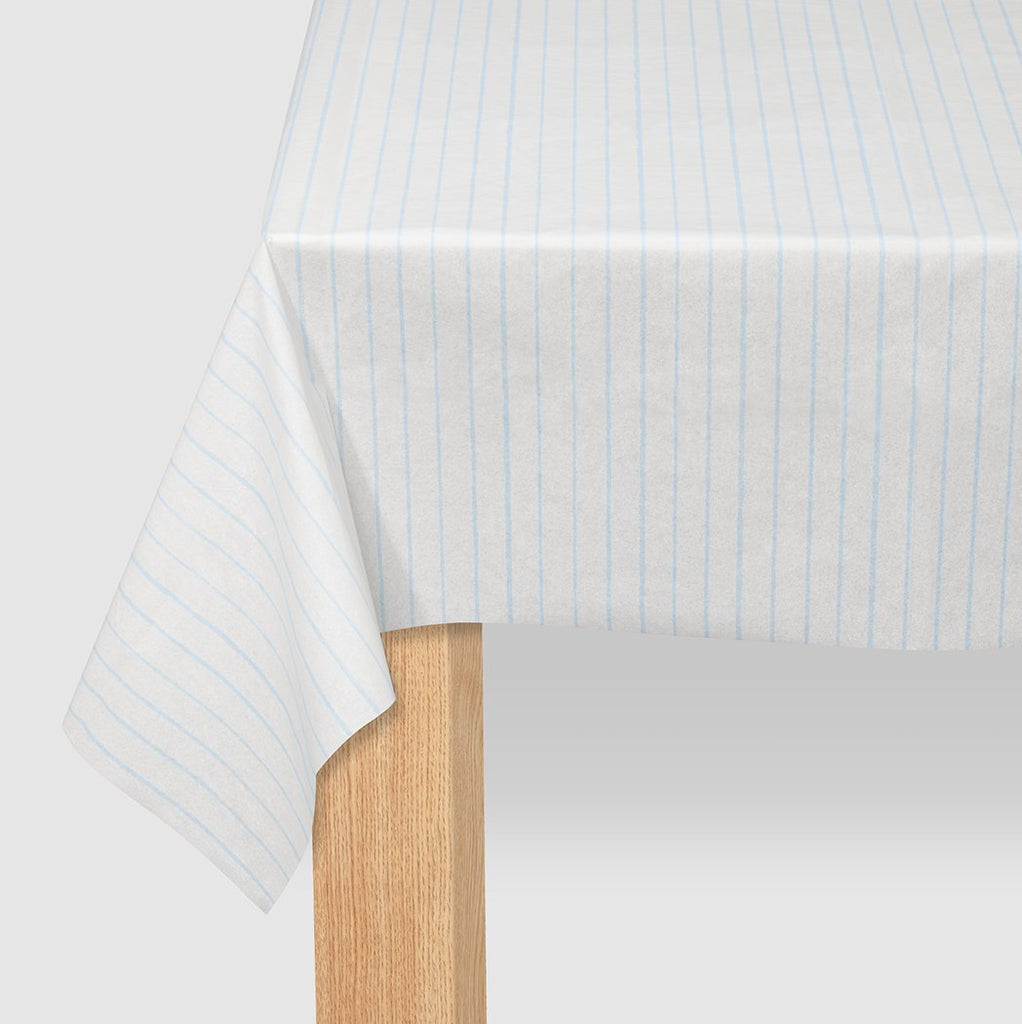 Pale blue pinstripe table cover