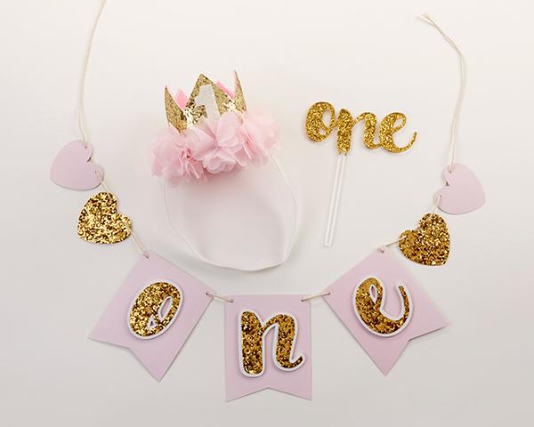 Gold glitter first birthday decorating kit